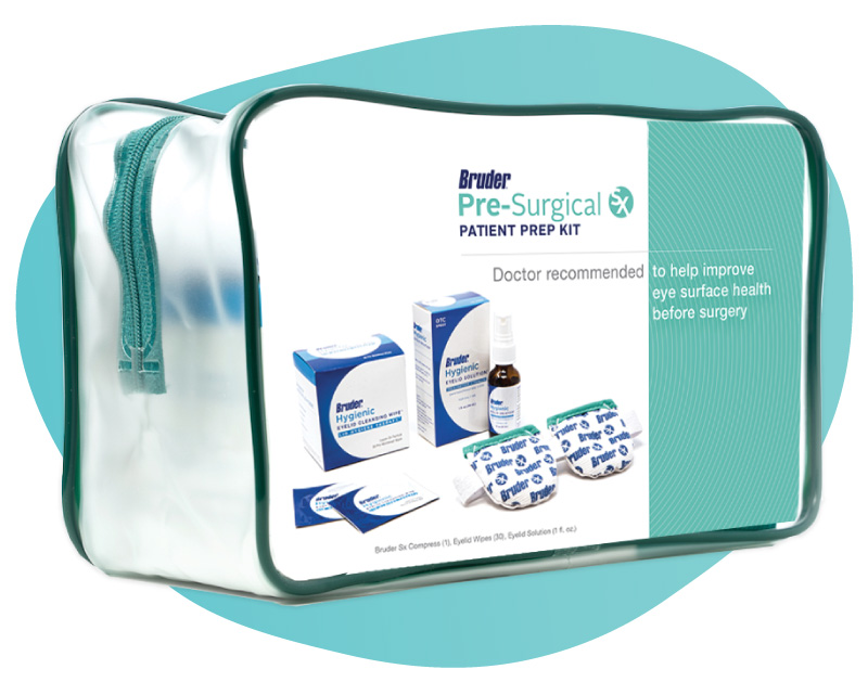 The Bruder Sx Pre-Surgical Patient Prep Kit includes hygienic eyelid wipes to help patients clean their eyes and prepare for surgery.